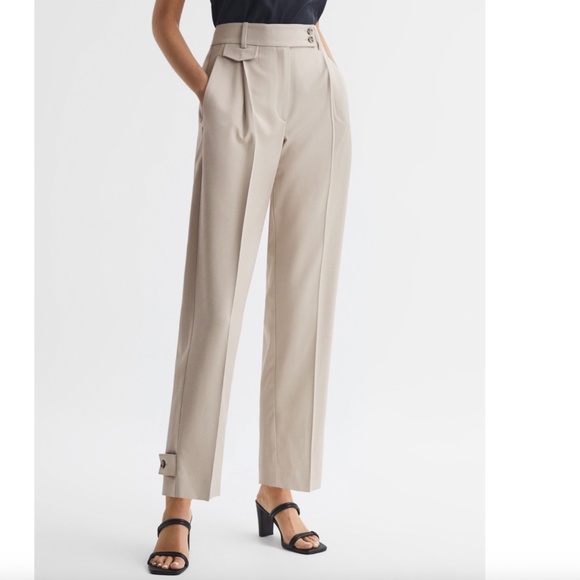 REISS River High Rise Cropper Tapered Trousers in Stone Ankle Button Neutral 6 - Picture 1 of 16